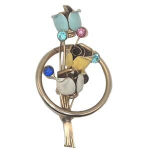 Vintage Enamel Tulip Flower Gold Tone Spring Brooch Rhinestone Accents 1.7"